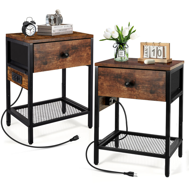 Behost Nightstand with Drawer, End Side Table with Charging Station for Bedroom,2 pack
