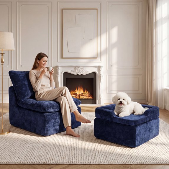 BEHOST Modular Sectional Sofa, Velvet Cloud Sleeper Couch with Ottoman & Built-in Dog Bed, Compact Sofa Bed for Living Room & Small Spaces, Navy Blue