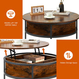 Behost Round Lift Top Coffee Table with Storage, Industrial Wood Coffee Table with Metal Frame for Living Room, Rustic Brown