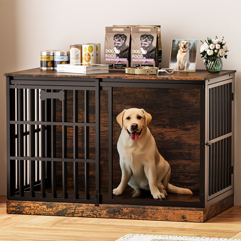 Behost 47.24" Heavy Duty Dog Crate Furniture with Sliding Door and Nameplate for Large Dogs Industrial Rustic Brown