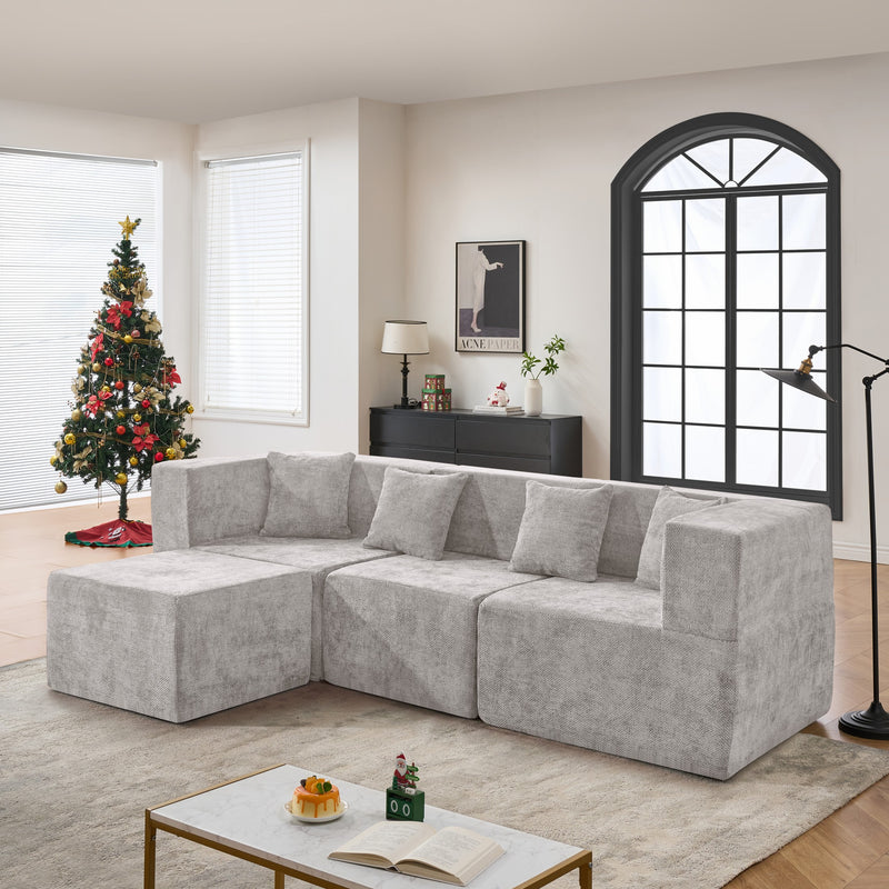 BEHOST 102.5" L-Shaped Cloud Couch Modular Sectional Sofa for Living Room, Light Gray Chenille Fabric Sofa Couch with Ottoman and 4 Pillows, No Assembly