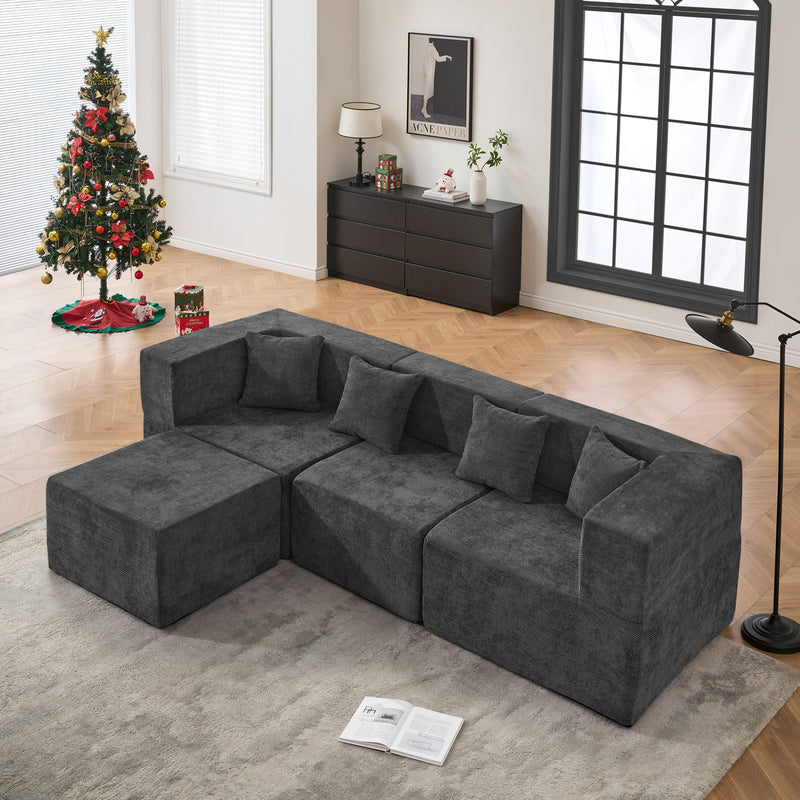 BEHOST 102.5" L-Shaped Cloud Couch Modular Sectional Sofa for Living Room, Dark Gray Chenille Fabric Sofa Couch with Ottoman and 4 Pillows, No Assembly