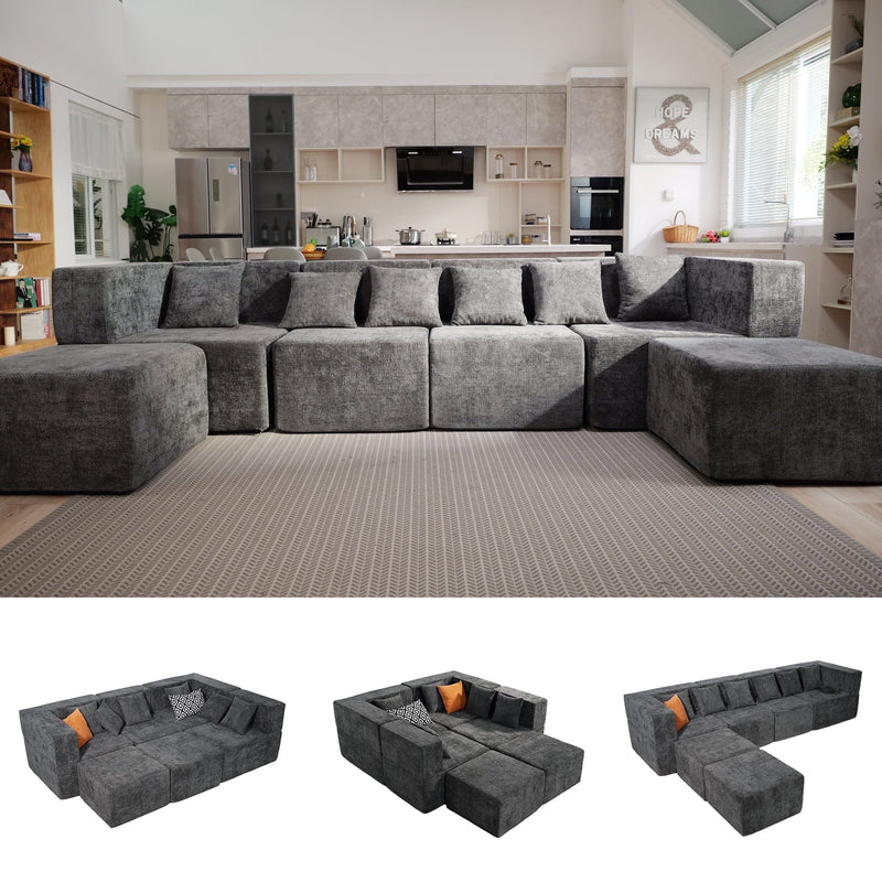 130" Oversied Modular Sectional Sofa Set, Convertible U Shaped Cloud Couch with Ottoman and 6 Pillows, Gray