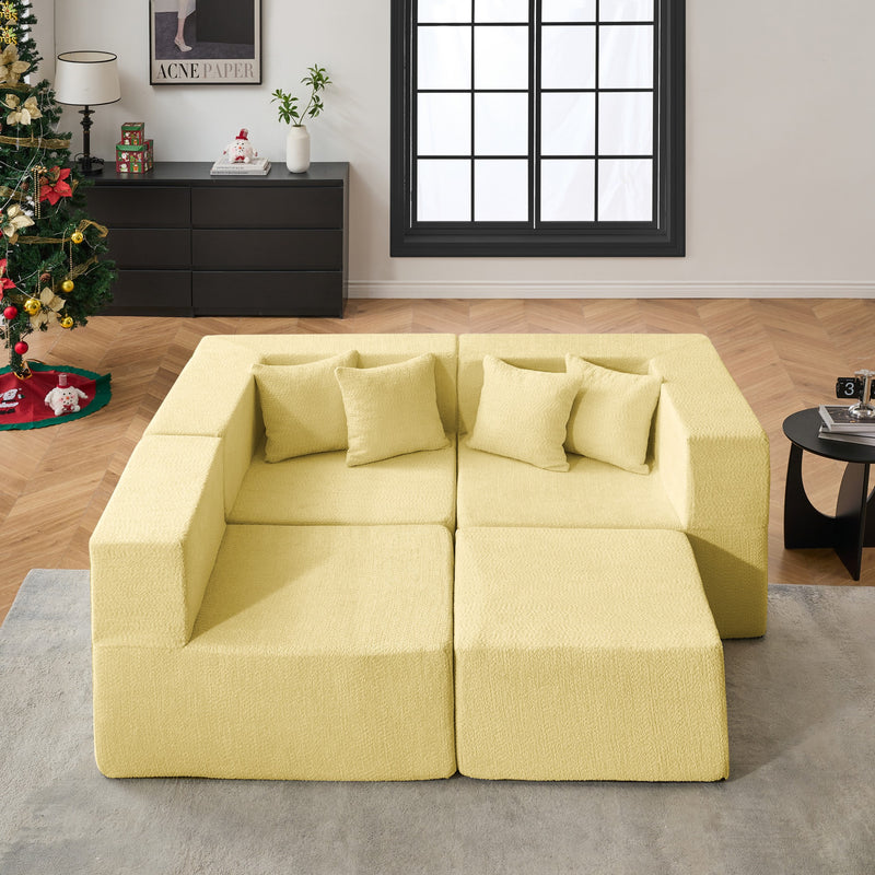 102.5" L-Shaped Cloud Couch Modular Sectional Sofa for Living Room, Yellow Boucle Fabric Sofa Couch with Ottoman and 4 Pillows, No Assembly