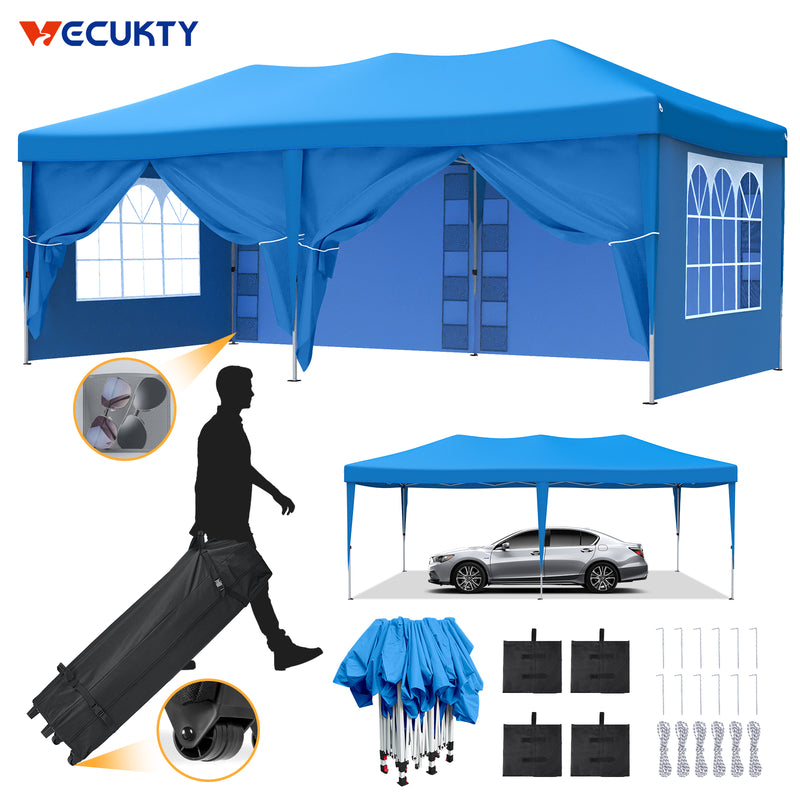 Vecukty 10' x 20' Super Sturdy Giant Pop up Canopy Tent with 6 Removable Sidewalls and Carry Bag, Heavy Duty Party Tent Portable Instant Outdoor Shelter Gazebo, Camping Essentials, Blue
