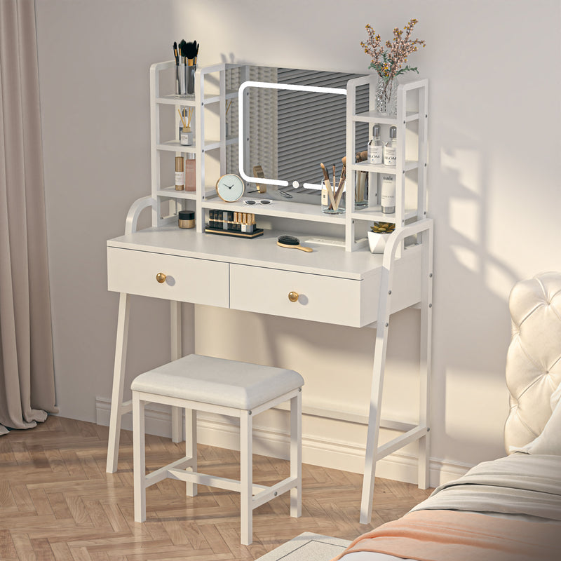 Eunon Vanity Desk with LED Lighted Mirror & Power Outlet, Makeup Table with Drawers & Adjustable Cabinet,Storage Stool,for Bedroom, Dressing Room,White