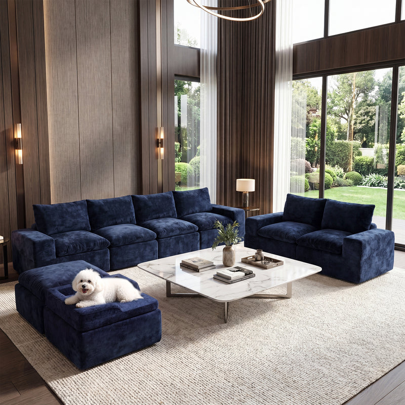 BEHOST 8-Piece 130" U-Shaped Modular Sectional Sofa, Velvet Cloud Sleeper Couch with Dog Bed & 2 Movable Ottomans, Oversized Deep Seat Living Room Furniture Set,Navy Blue