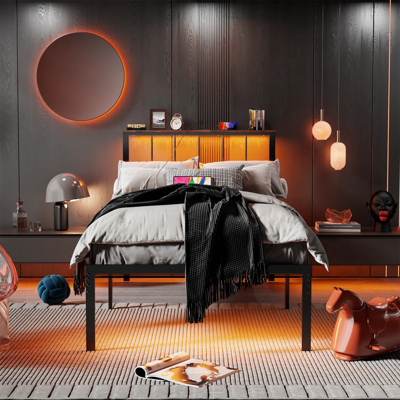 Behost Twin Bed Frame with Headboard, Storage Metal Platform Bed Frame Twin, Adjustable No Box Spring Needed