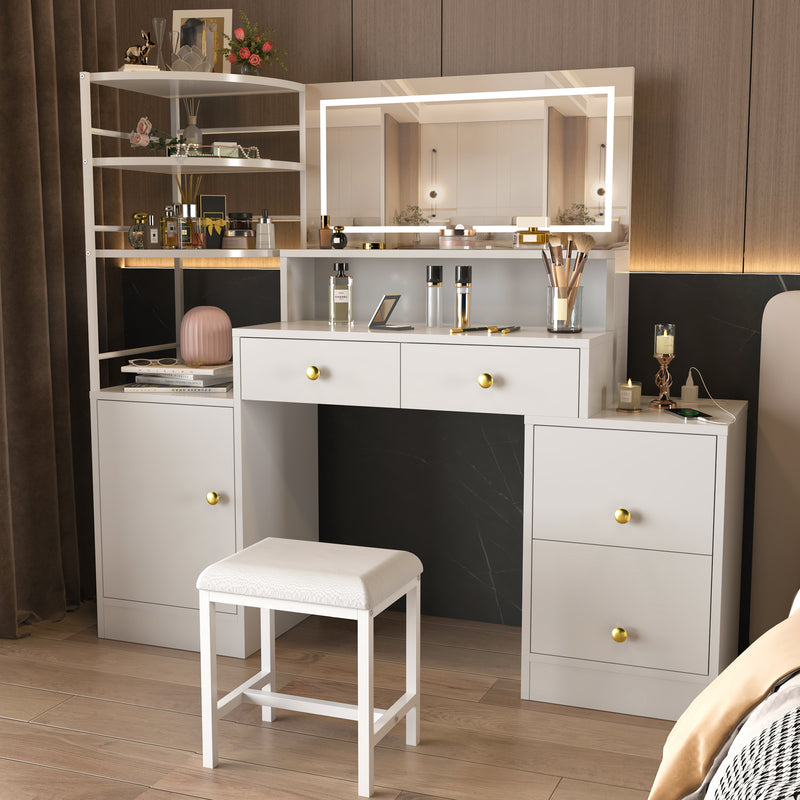 Eunon Large Makeup Vanity Desk with Extral Large Mirror & LED Light,Vanity Dressing Table with Power Strip,Adjustable Lighting,Storage Shelves & 5 Drawers,Cushioned Stool for Bedroom, Dressing Room