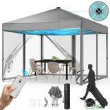 Vecukty 10x10ft Pop Up Canopy Tent with Removable Mesh Mosquito Sidewalls, Remote-Controlled 8-Color LED Lights ,Instant Outdoor Shelter Gazebo Tent,Gray