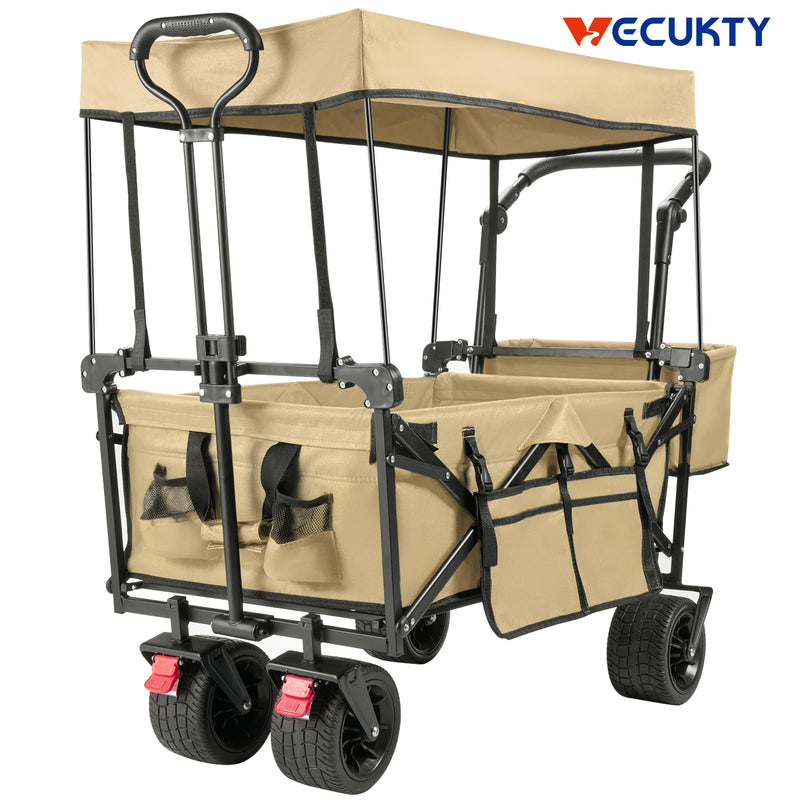 Collapsible Garden Wagon Cart with Removable Canopy, VECUKTY Foldable Wagon Utility Carts with Wheels and Rear Storage, Wagon Cart for Garden Camping Grocery Shopping Cart, Beige