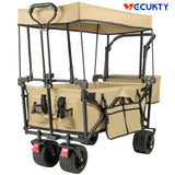 Collapsible Garden Wagon Cart with Removable Canopy, VECUKTY Foldable Wagon Utility Carts with Wheels and Rear Storage, Wagon Cart for Garden Camping Grocery Shopping Cart, Beige
