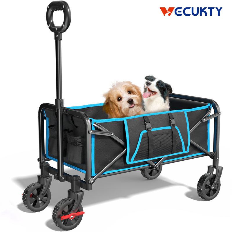 Collapsible Camping Wagon, Vecukty Portable Foldable Cart with All Terrain Solid Wheels, Heavy Duty Folding Utility Grocery Wagon with 150lbs, for Shopping,Sports,Fishing,Beach,Garden,Black