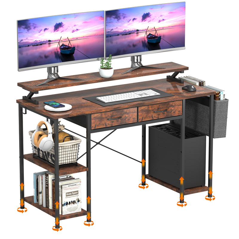 MONVANE® Sturdy Computer Desk with Drawer, Ergonomic 47" Office Desk with Shelves, Writing Gaming Table for Home Office (Include Monitor Stands, Fabric File Cabinet, 2 Hooks) - Rustic Brown - (GTIN:09797164476659)
