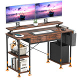 MONVANE® Sturdy Computer Desk with Drawer, Ergonomic 47" Office Desk with Shelves, Writing Gaming Table for Home Office (Include Monitor Stands, Fabric File Cabinet, 2 Hooks) - Rustic Brown - (GTIN:09797164476659)