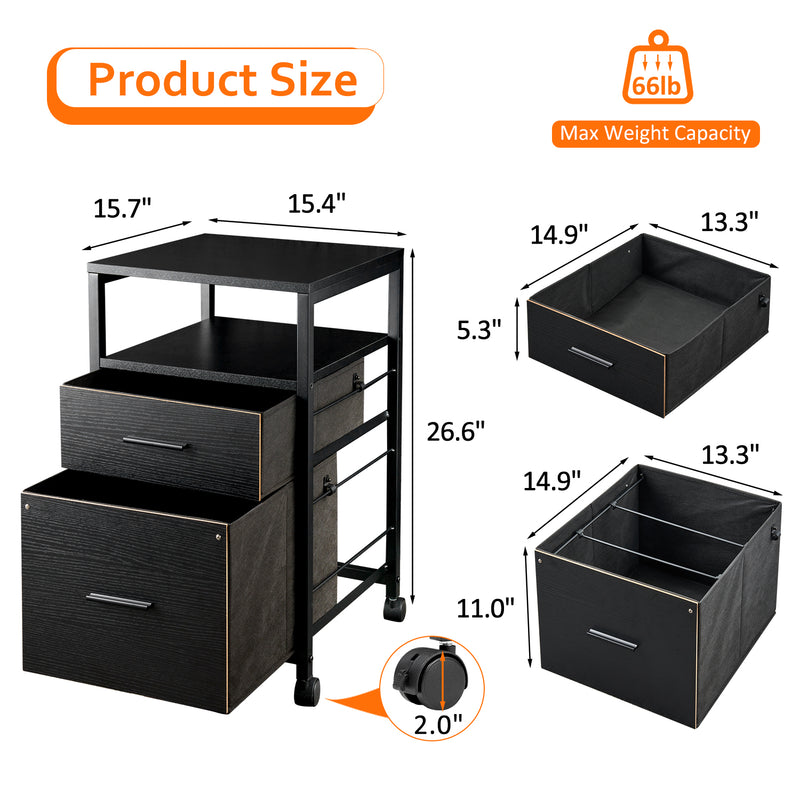 MONVANE File Cabinet with 2 Drawers for A4 Letter Size for Home Office, Mobile Printer Stand with Storage, Black