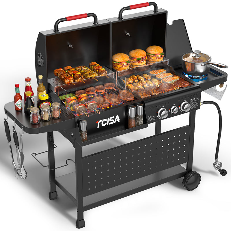 Gas & Charcoal Grill Combo with 30,000 BTU, Dual Fuel BBQ Grill with Lids , 748 SQ.IN Cooking Space, Non-Stick Porcelain Enamel Grates, for Backyard BBQ, Outdoor Cooking