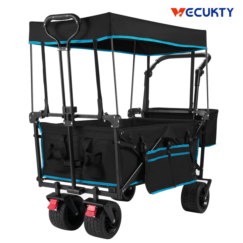 Collapsible Camping Wagon Garden Cart with Removable Canopy, Keenstone Foldable Outdoor Wagon Utility Carts with Fat Wheels and Rear Storage, for Grocery Shopping Cart,Black-09797164500569