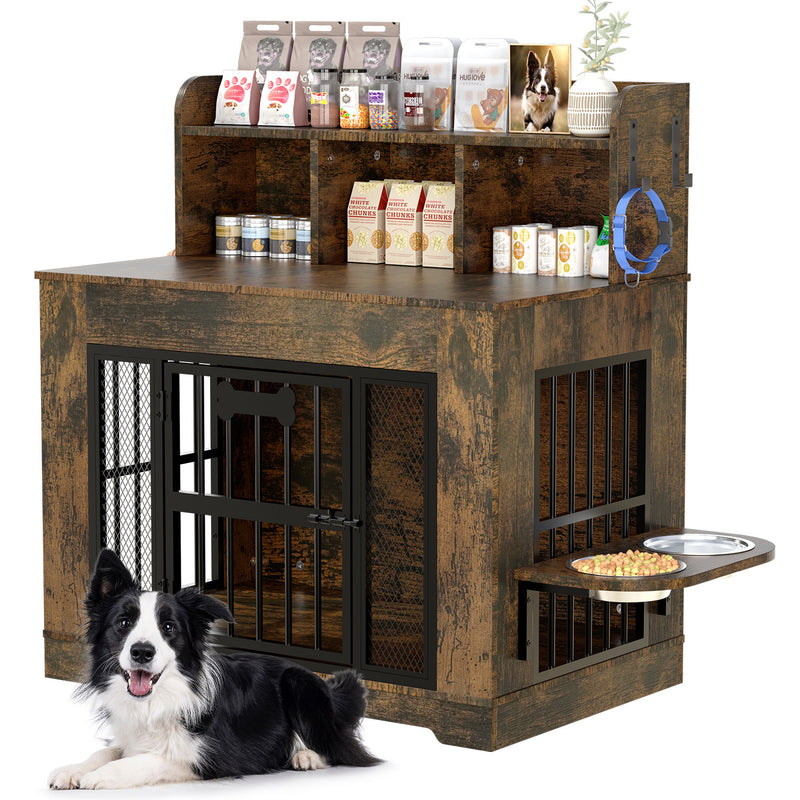 Behost 34" Dog Crate Kennel Cage Furniture for Medium Dogs with LED Light Feeding Bowls, Dual-Layer Storage, Rustic Brown
