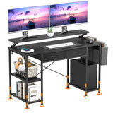 MONVANE® Sturdy Computer Desk with Drawer, Ergonomic 47" Office Desk with Shelves, Writing Gaming Table for Home Office (Include Monitor Stands, Fabric File Cabinet, 2 Hooks) - Black -(Gtin:09797164476666_