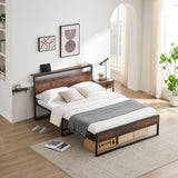 Behost 14" Full Bed Frame with Headboard , Power Outlets Platform Beds, Rustic Brwon