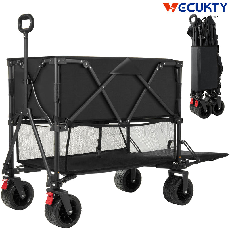 Folding Double Decker Garden Wagon, VECUKTY Heavy Duty Collapsible Camping Wagon Cart with 54" Lower Decker, All-Terrain Big Wheels for Camping, Sports, Shopping, Garden and Beach, Support Up to 550lbs, Gray