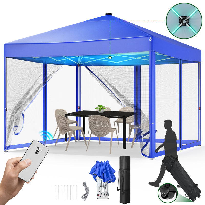 Vecukty 10x10ft Pop Up Canopy Tent with Removable Mesh Mosquito Sidewalls, Remote-Controlled 8-Color LED Lights ,Instant Outdoor Shelter Gazebo Tent,Blue