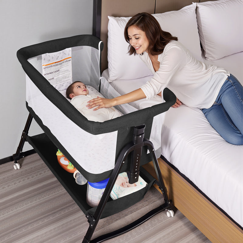 SACVON Baby Bassinet Bedside Sleeper - 6-Height Adjustable Crib to Match Adult Bed, Breathable Mesh Walls, Includes Mattress & Storage Basket, Black