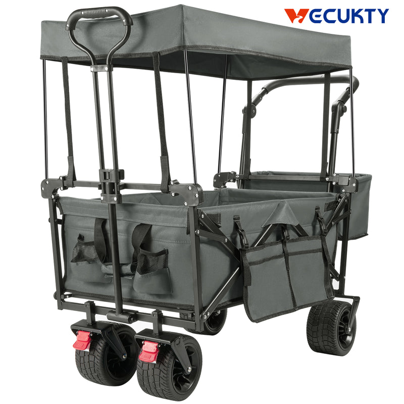 Collapsible Garden Wagon Cart with Removable Canopy, VECUKTY Foldable Wagon Utility Carts with Wheels and Rear Storage, Wagon Cart for Garden Camping Grocery Shopping Cart, Gray
