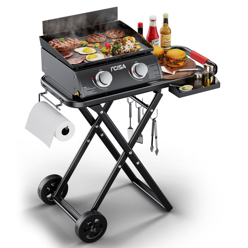 2-Burner Portable Grill with Foldable Legs, 20,000BTU Gas Grill , 342 SQ.IN Detachable Propane Griddle, Non-Stick Porcelain Grate, Outdoor Bbq Grill for Camping, Tailgating, Backyard Cooking