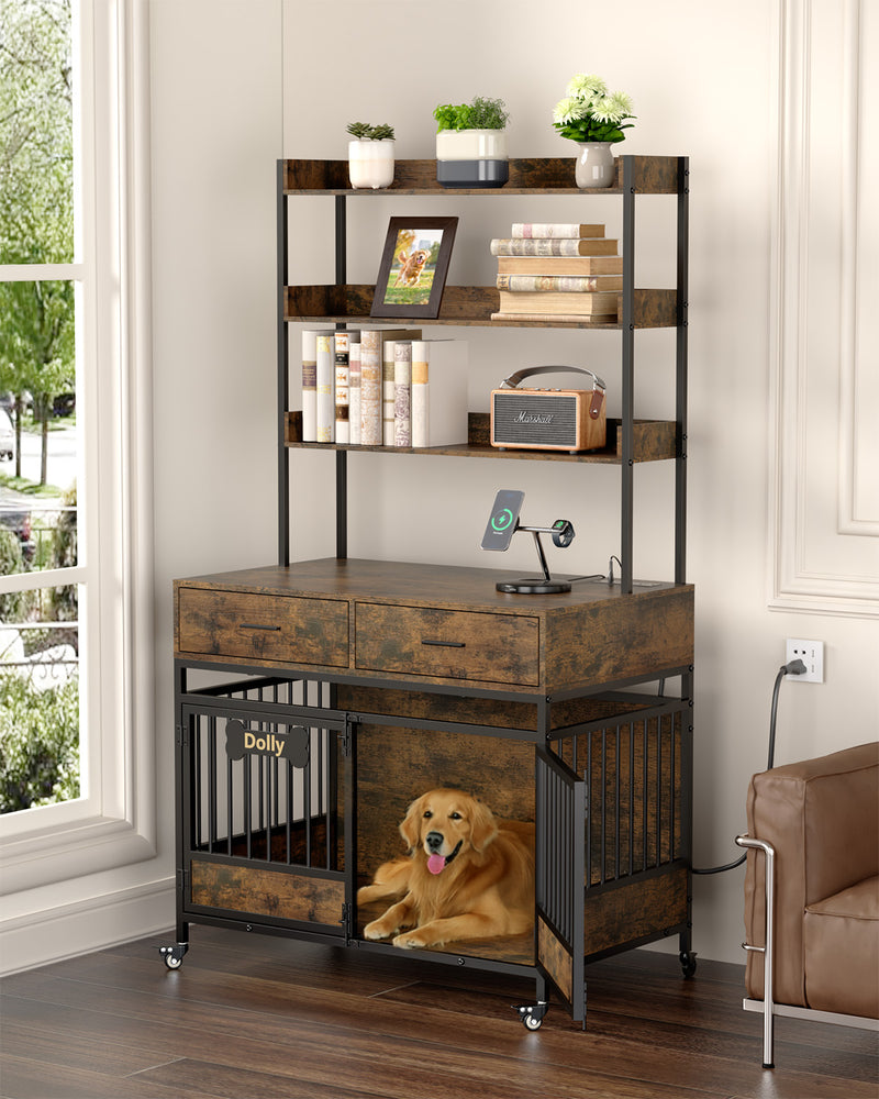 Behost 70.8" Large Dog Crate with 3 Tier Shelves Power Outlet LED Light Adjustable Feet and Wheels Bone Shaped Nameplate Rustic Brown