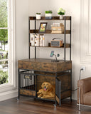 Behost 70.8" Large Dog Crate with 3 Tier Shelves Power Outlet LED Light Adjustable Feet and Wheels Bone Shaped Nameplate Rustic Brown