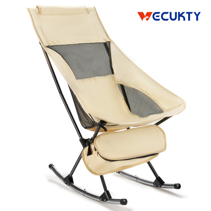 Camping Chair, VECUKTY High Back Rocking Chair 240 lbs Capacity, Heavy Duty Compact Outdoor Portable Folding Rocker Chair for Camping Hiking Gardening Travel Beach Picnic,Beige