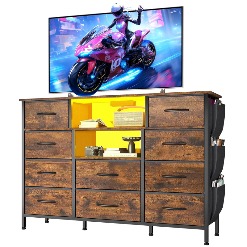 Eunon Dresser TV Stand with 10 Drawers for 55" TV Stand with LED Lights & Power Outlets Wide Dresser with Shelves & Side Pockets for Bedroom , Rustic