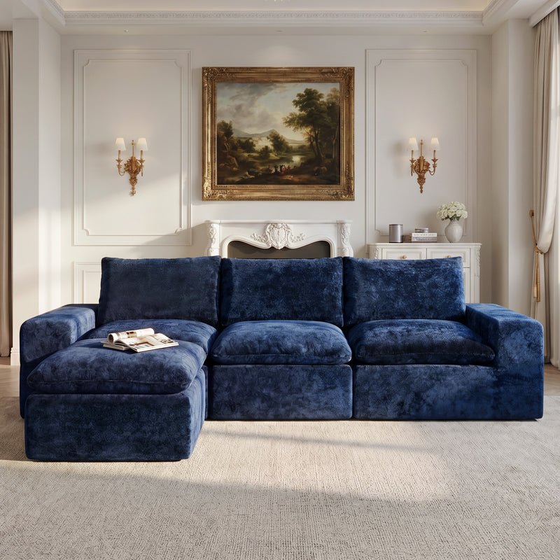BEHOST 4-Piece 102" L-Shaped Modular Sectional Sofa, Velvet Cloud Sleeper Couch with 2 Movable Ottomans, Deep Seat Living Room Furniture Set,Navy Blue