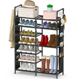 Keenstone 7-Tier Stackable Shoe Rack, Shoes Shelf Storage Organizer with Hooks and Side Pockets, 49"H Shoes Holder, Closet Storage for Entryway, Hallway, Bedroom - Black