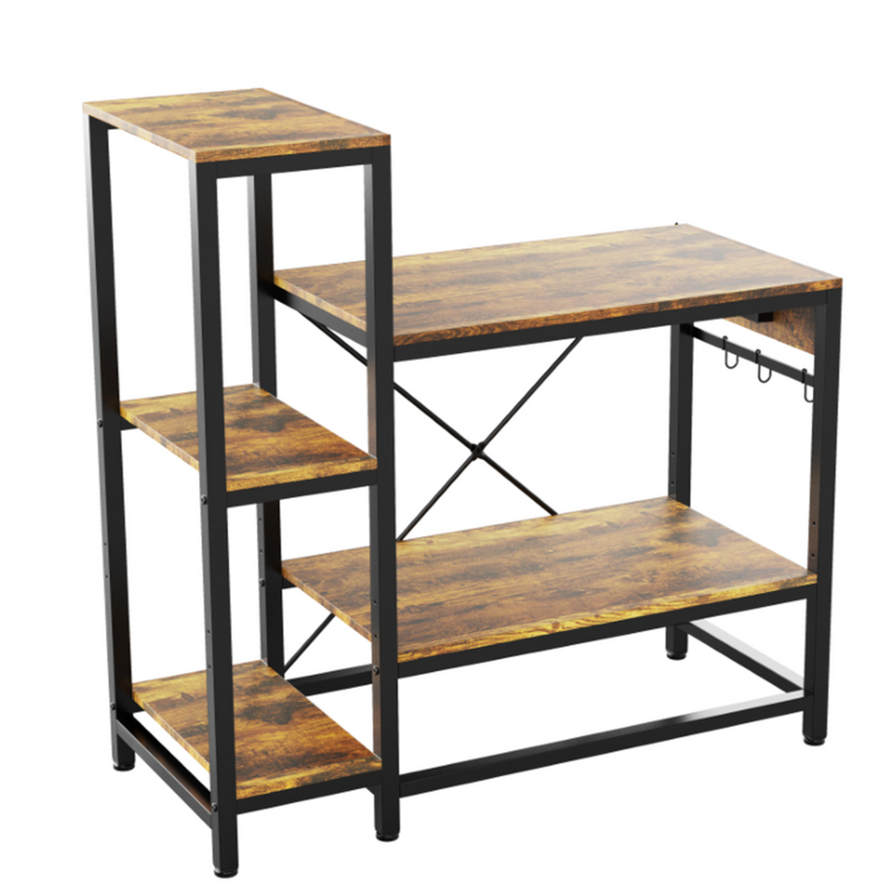 Behost L-Shaped Aquarium Stand with 6-Tier Storage Rack for 40-Gallon Fish Tank, Adjustable Shelves, Built-In Outlet and Hooks, Iron-Wood Fish Tank Stand for Living Room and Office