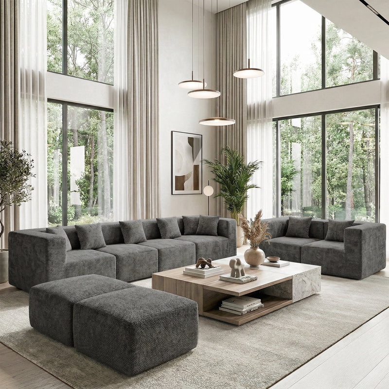 BEHOST 130" 8-Piece Modular Sectional Sofa, Boneless Cloud Couch with Extra Deep Seats, Washable Chenille Sofa Set for Living Room, Chenille Dark Gray