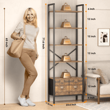 BEHOST Bookshelf with 6 Tiers, Tall Bookcase 70in with 2 Fabric Drawers, Wood Shelves for Home, Office, 1 Pack, Rustic Brown