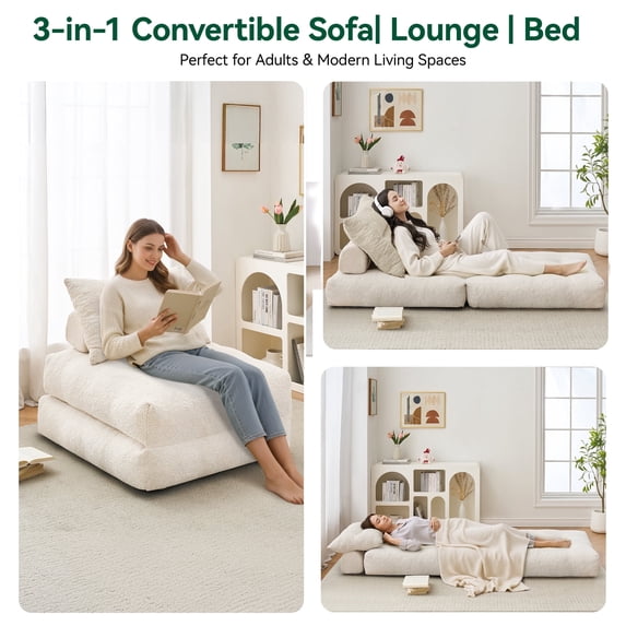 BEHOST 86" Large Futon Sofa Bed for Adults, 3-in-1 Convertible Folding Chair Bed Sleeper Chair, Beige
