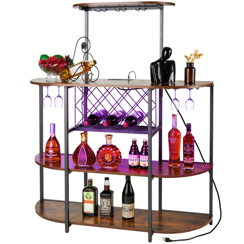 Wine Bar Cabinet with LED Lights and Power Outlets, Wine Rack Table for Liquor and Glasses for Home Kitchen Dining Room, White/Brown