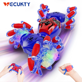 Vecukty 1:18 RC Stunt Car, 2.4Ghz Gesture Car with Explosive Wheel, 360°Rotating & Music & Light & Spray, Gifts for Boys and Girls Age 3-12, Red and Blue
