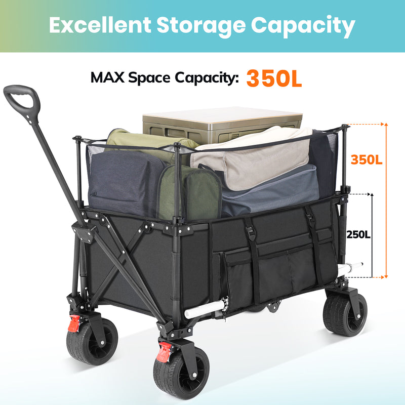 Collapsible Camping Beach Wagon, VECUKTY 350L Garden Cart, Heavy Duty Utility Fold Wagon with Big Wheel & Side Pickets for Garden, Camping, Sport, Shopping
