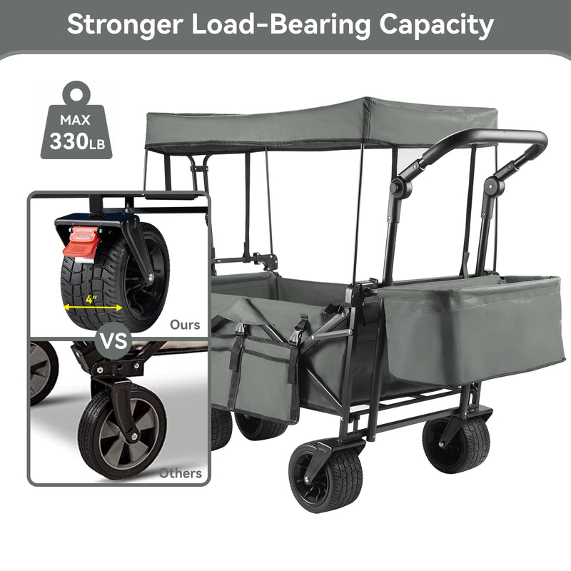 Collapsible Garden Wagon Cart with Removable Canopy, VECUKTY Foldable Wagon Utility Carts with Wheels and Rear Storage, Wagon Cart for Garden Camping Grocery Shopping Cart, Gray