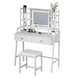 Eunon Vanity Desk with LED Lighted Mirror & Power Outlet, Makeup Table with Drawers & Adjustable Cabinet,Storage Stool,for Bedroom, Dressing Room,White