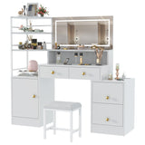 Eunon Large Makeup Vanity Desk with Extral Large Mirror & LED Light,Vanity Dressing Table with Power Strip,Adjustable Lighting,Storage Shelves & 5 Drawers,Cushioned Stool for Bedroom, Dressing Room