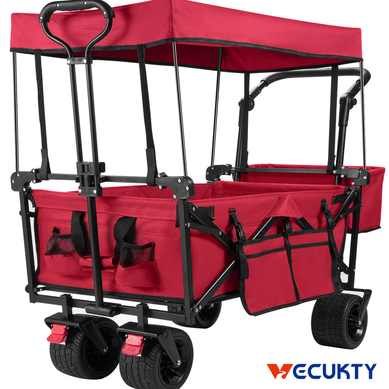 Collapsible Garden Wagon Cart with Removable Canopy, Keenstone Foldable Wagon Utility Carts with Wheels and Rear Storage, Wagon Cart for Garden Camping Grocery Shopping Cart, Red