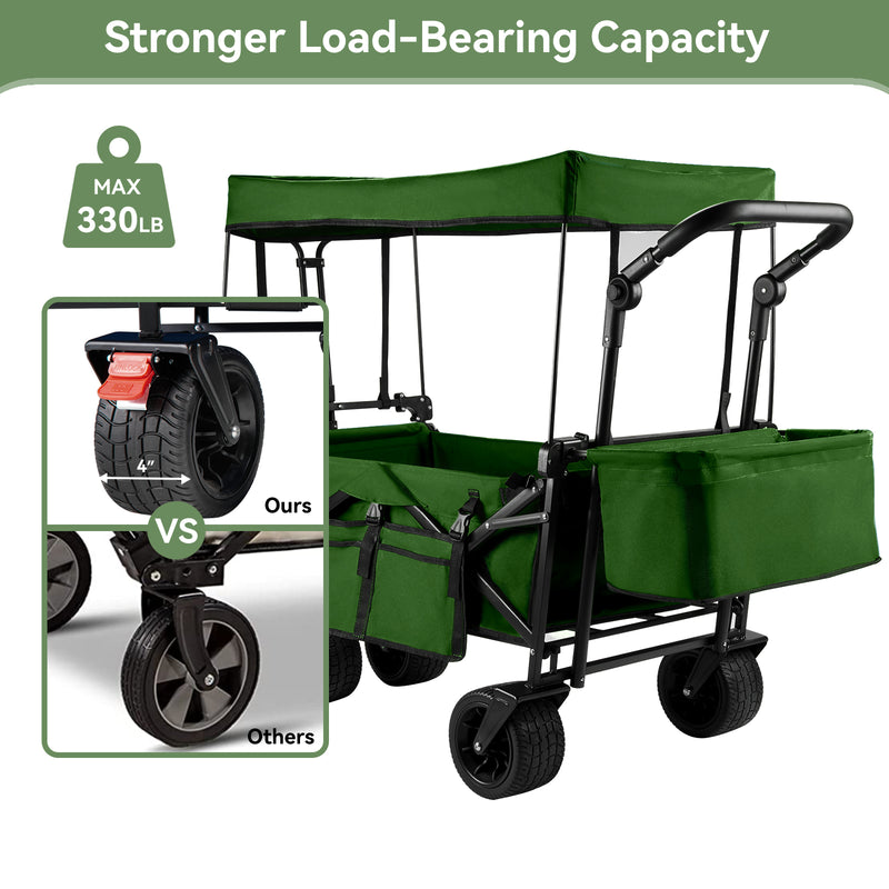 Collapsible Garden Wagon Cart with Removable Canopy, VECUKTY Foldable Wagon Utility Carts with Wheels and Rear Storage, Wagon Cart for Garden Camping Grocery Shopping Cart, Green