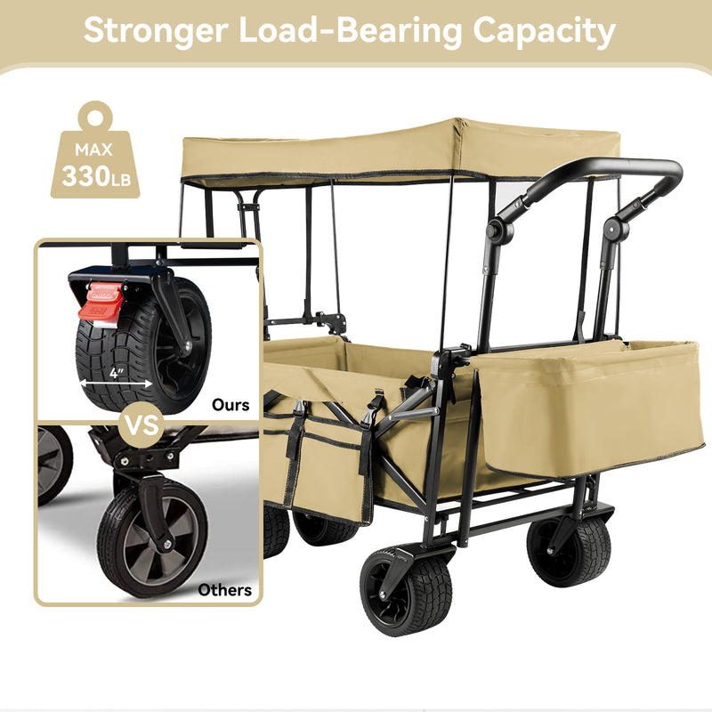 Collapsible Garden Wagon Cart with Removable Canopy, VECUKTY Foldable Wagon Utility Carts with Wheels and Rear Storage, Wagon Cart for Garden Camping Grocery Shopping Cart, Beige