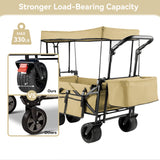 Collapsible Garden Wagon Cart with Removable Canopy, VECUKTY Foldable Wagon Utility Carts with Wheels and Rear Storage, Wagon Cart for Garden Camping Grocery Shopping Cart, Beige
